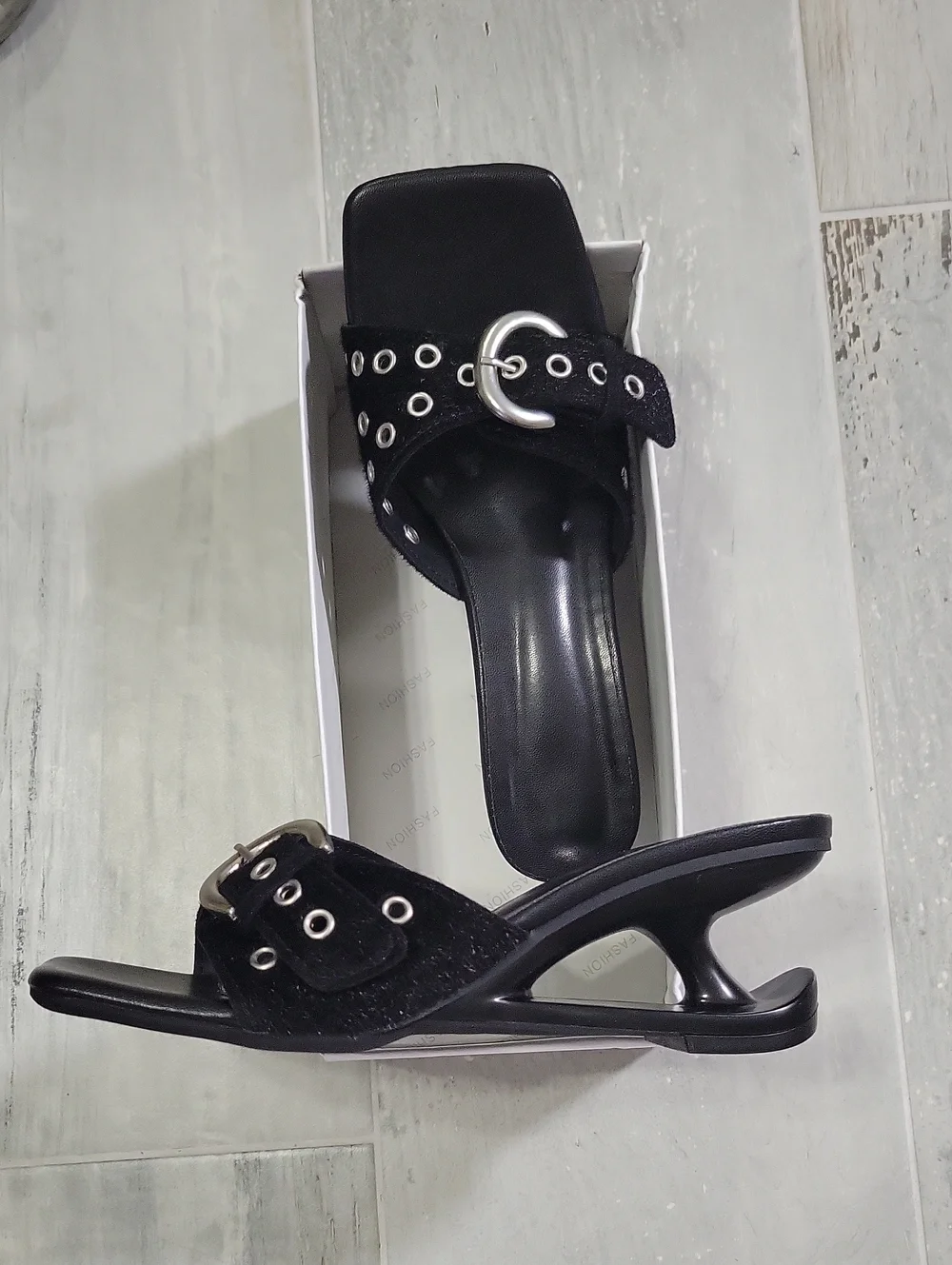 Black Grommet Buckle Slide Heels